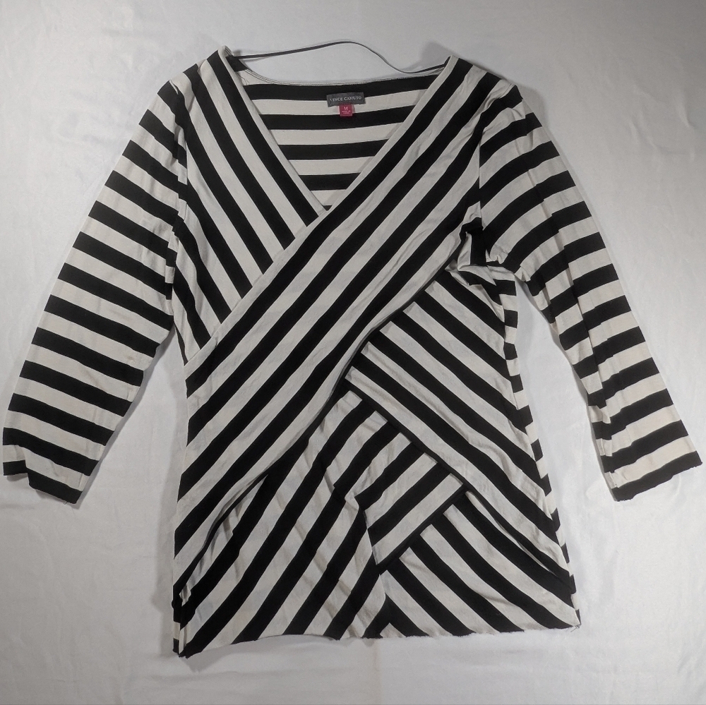Vince Camuto Black & White Crossing Stripes Women's Top 3/4 Sleeves Size Medium